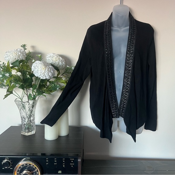 Black leather detailed Jana open front drape/wrap cardigan - Picture 2 of 12